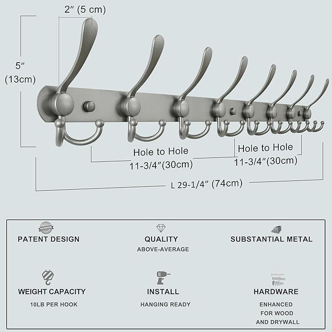 Dseap Coat Rack Wall Mount - 29.5” Long 8-Tri-Hooks Heavy Duty Coat Hanger Rail Wall Hooks for Hanging Coats Hats Clothing Clothes Purse Mudroom Entryway, Gray