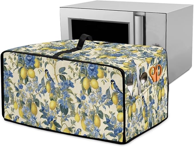 Lemon Floral Robin Bird Print Microwave Oven Dust Cover Heavy Duty Microwave Oven Grill Cover Dustproof Kitchen Machine Covers Case Protections for Toaster Oven, M