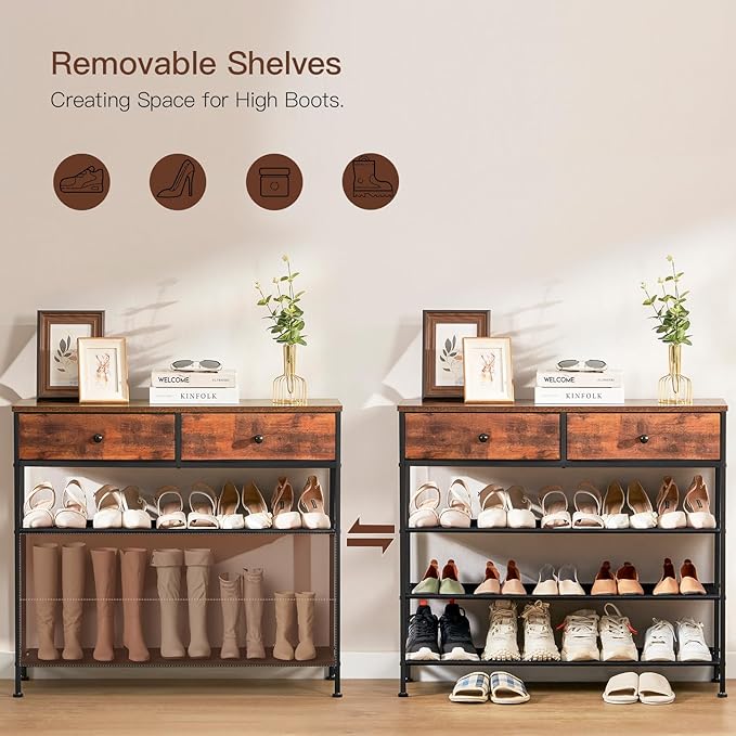 usikey Shoe Rack, 4 Tier Shoe Storage Organizer with 2 Drawers, Metal Shoe Shelf for 12-15 Pairs of Shoes, with 3 Oxford Fabric Shelves and Wooden Top, Shoe Stand for Entryway, Rustic Brown UNYXJX008F