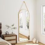 16"x48" Hanging Mirror with Leather Strap,Arched Full Length Mirror with Aluminum Frame Wall-Mounted Hanging Mirrors for Bathroom Vanity Living Room Bedroom Entryway Décor, Gold
