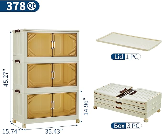 GarveeHome 378QT Stackable Storage Bins, Folding Storage Box with Magnetic Doors & Wheels, Loset Organizers and Storage with Lids, Collapsible Plastic Drawers for Bedroom Kitchen Office, White