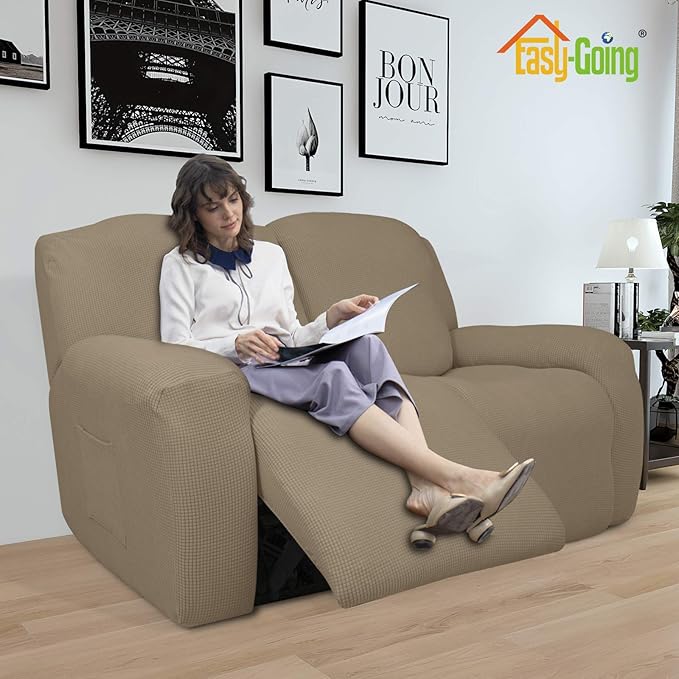 Easy-Going 6 Pieces Recliner Loveseat Stretch Sofa Slipcover Sofa Cover Furniture Protector Couch Soft with Elastic Bottom Kids, Spandex Jacquard Fabric Small Checks Natural