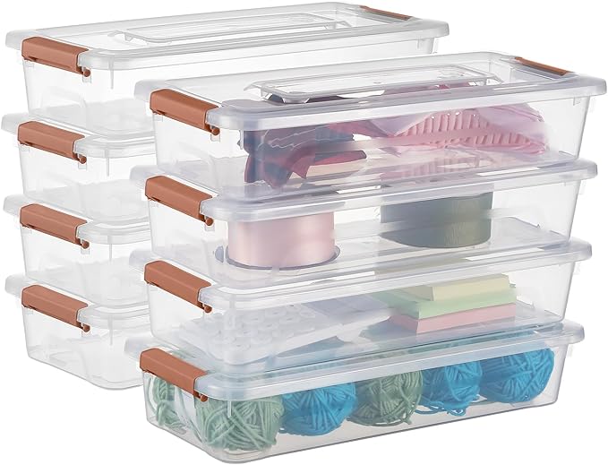 Plastic Storage Containers Clear Craft Storage Bins with Grey Handle,Organizer Box with Durable Lids Stackable Containers for Organizing Craft and Tools (8 Pack-4 Quart Brown)
