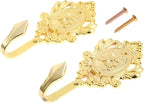 2Pcs Wall Hooks Gold Rose Pattern Carved Vintage Drapery Clothes Key Hook Bathroom Bedroom Multi-Function Decorative Hook with Screws