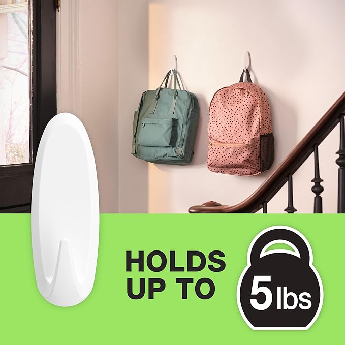FrogTape reMOVEables Heavy Duty Wall Hooks - No Damage - Easy to Remove & Reuse - Large Wall Hook with Adhesive Strips - Holds up to 5 lbs - Includes 1 Hook and 2 Strips - White (Pack of 5)