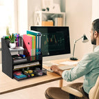 Homsorout Wooden Desk Organizer - Mesh File Organizer with Drawers and Pen Holder - 4-Tier Vertical Paper Letter Storage Tray, Desktop Organizers and Accessories for Home Office (Black