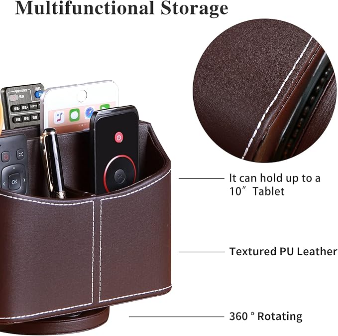 YAPISHI Leather Remote Control Holder, 360 Degree Spinning Desk TV Remote Caddy/Box, Coffee Table Organizer for Controller, Media, Calculator, Mobile Phone and Pencil Storage