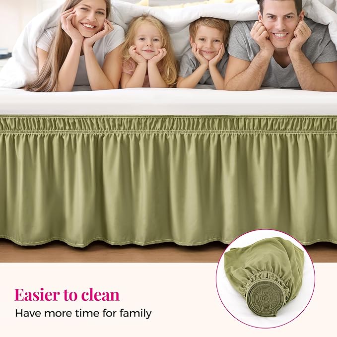RIMELA Sage Green Bed Skirt Queen Size 15 Inch Drop, Elastic Bed Skirting for Bed Base and Frame, Bedding Dust Ruffle Easy to Install, Wrap Around Adjustable Bedskirt