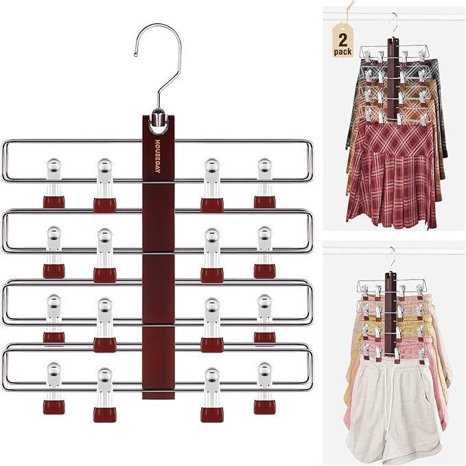 HOUSE DAY Skirt Hangers Space Saving 2 Pack, Double Row 4-Tier Non-Slip Hangers with Clips for Skirts, Shorts, and Pants - Lotus Wood Clip Hanger for Women - Closet Organizers and Storage (Mahogany)