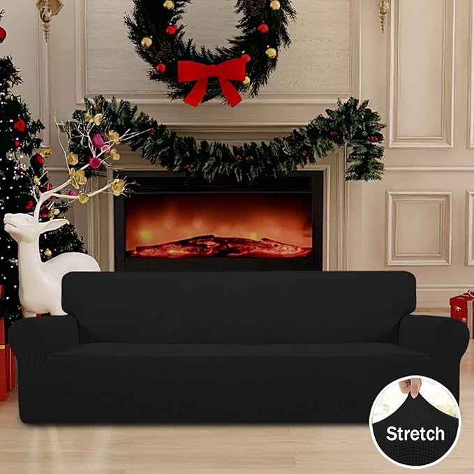 Easy-Going Stretch 4 Seater Sofa Slipcover 1-Piece Sofa Cover Furniture Protector Couch Soft with Elastic Bottom for Kids, Polyester Spandex Jacquard Fabric Small Checks Black