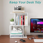 Small Desktop Bookshelf Organizer, White 3-Tier Desk Shelf with Metal Hook Workspace Organizers for Desk Organization and Office Storage Table Bookcase