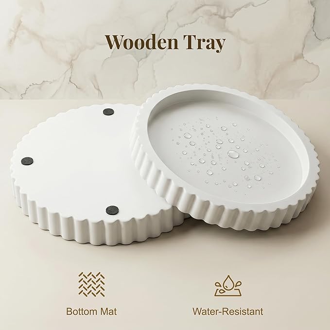 Decorative Tray for Coffee Table, Modern Minimalist Wooden Round Decor Tray for Kitchen, Living Room, Home Decor, Tv Stand, Bathroom Sink, Entryway, White Color, Set of 2