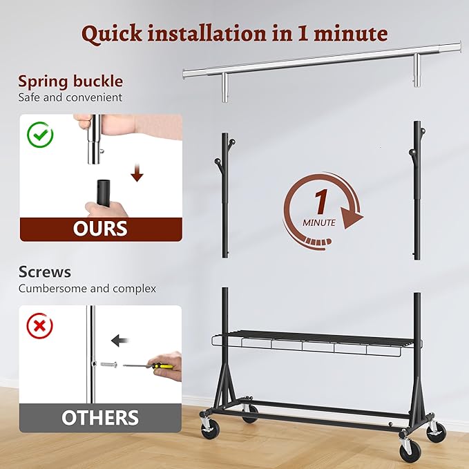 FAVOOSTY Heavy Duty Clothes Rack for Hanging Clothes, Rolling & Extending Clothing Rack with Wheels, Garment Coat Rack Freestanding, Portable Clothes Rack, Black