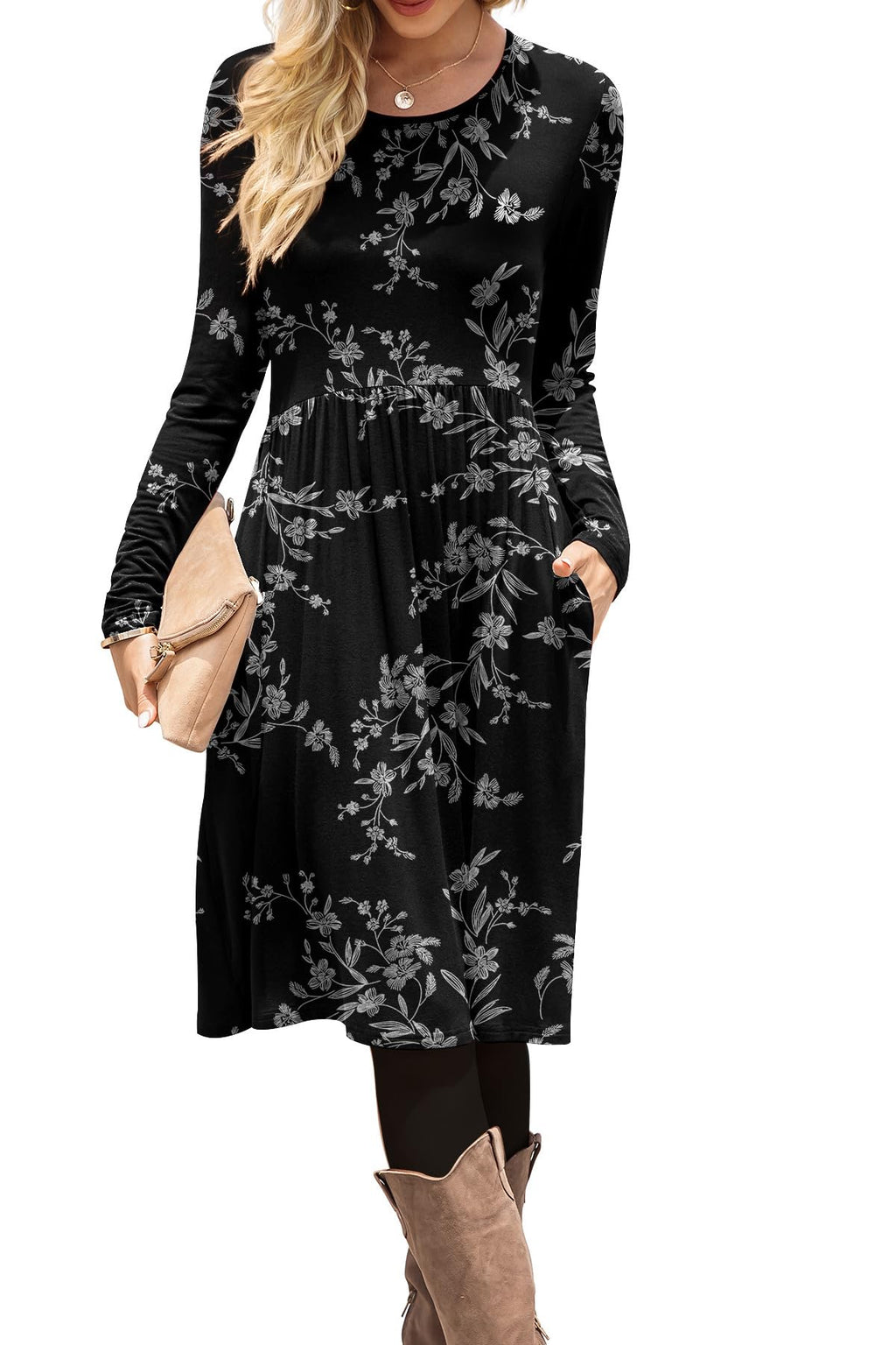DB MOON Women Casual Long Sleeve Dresses Empire Waist Loose Dress with Pockets (Army Green, 2XL)