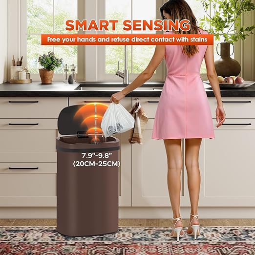 PayLessHere | 13 Gallon Stainless Steel Trash Can | Brown | Automatic Touchless Lid with Motion Sensor | Kitchen Garbage Can with Waterproof Design | for Home, Office, Bathroom | Pack of 1