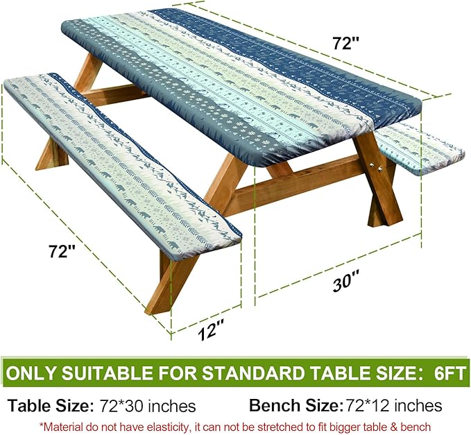 Picnic Table Cover with Bench Covers Camping Essentials Waterproof Windproof Camping Tablecloth with Drawstring Bag, Fitted Rectangle Tables and Seats, 72in, Bohemian