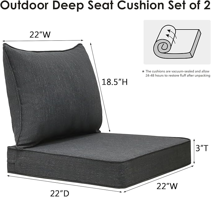 Outdoor Patio Chair Cushions Set, 22" x 22", Set of 2, Water-Repellent, Fade Resistant, Deep Seat Bottom and Back Cushion for Backyard, Couch, Sofa and Patio Furniture, Charcoal