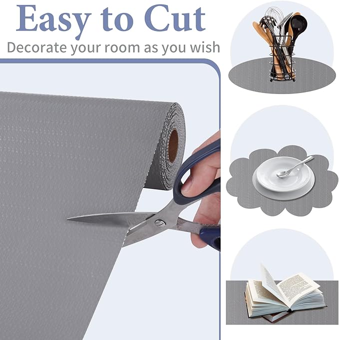 Drawer and Shelf Liner for Kitchen Cabinet: 12 in X 20 Ft Non Slip Waterproof Shelf Paper Non Adhesive Refrigerator Liners Gray Easy Liners for Bathroom Cupboard with Knife Tape Measure