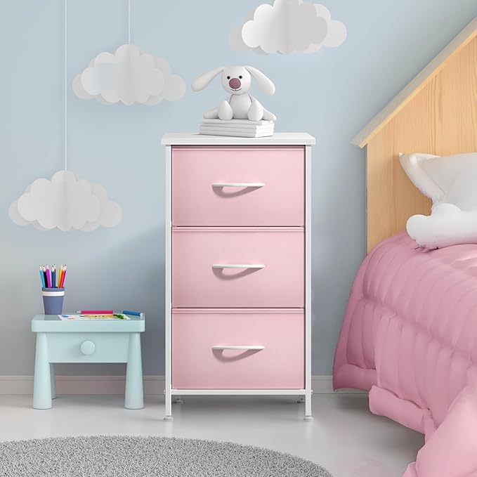 Sorbus Nightstand with 3 Drawers - Bedside Furniture & Accent End Table Chest for Home, Bedroom Accessories, Office, College Dorm, Steel Frame, Wood Top, Pastel Fabric Bins (Pink)