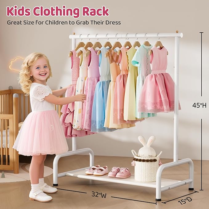 SLEEPING LAMB Kids Clothing Rack, Small Baby Clothes Rack with Bottom Storage Shelf, Kids Dress Up Rack Storage for Coats, Dance Costume Garment Rack for Hanging Clothes, White
