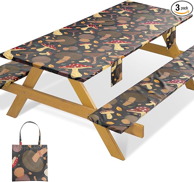 Picnic Table Cover with Bench Covers Fitted Waterproof Camping Tablecloth with Elastic for 6 Foot Rectangle Tables Outdoor Travel Rv Essentials Summer Vacation Accessories Gift for Men Women