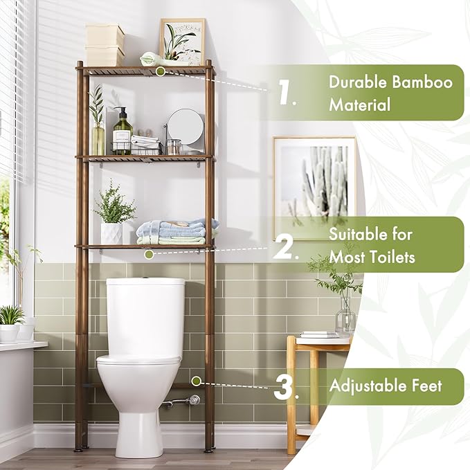 AmazerBath Bamboo Over The Toilet Storage Shelf, Over Toilet Bathroom Organizer Rack, 3-Tier Bathroom Shelves Over Toilet, Space Saver, Walnut Brown