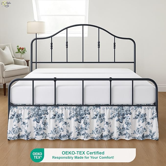 Cottington Lane Ruffled Bed Skirt Full Size with Split Corner, Brushed Microfiber Hotel Quality Dust Ruffle, 21 Inch Drop Gathered Bedskirt, Soft, Stylish, Shrink & Fade Resistant, Blue Floral Bliss