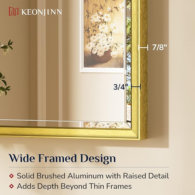 Keonjinn 30" x 36" Gold Bathroom Mirror, Beveled Edge Tempered Glass, Decorative Aluminum Alloy Frame, Rustproof, Modern Farmhouse Style, Rectangle Brushed Gold Vanity Wall Mirrors with Square Corner