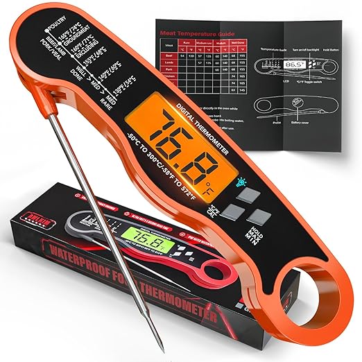 AWLKIM Digital Meat Thermometer with Doneness Chart, 2-Sec Instant Read Food Thermometer for Cooking, Grilling, Oven, Air Fryer - Waterproof Backlit Magnetic Flip Probe, Gift for Men, Dad - Orange