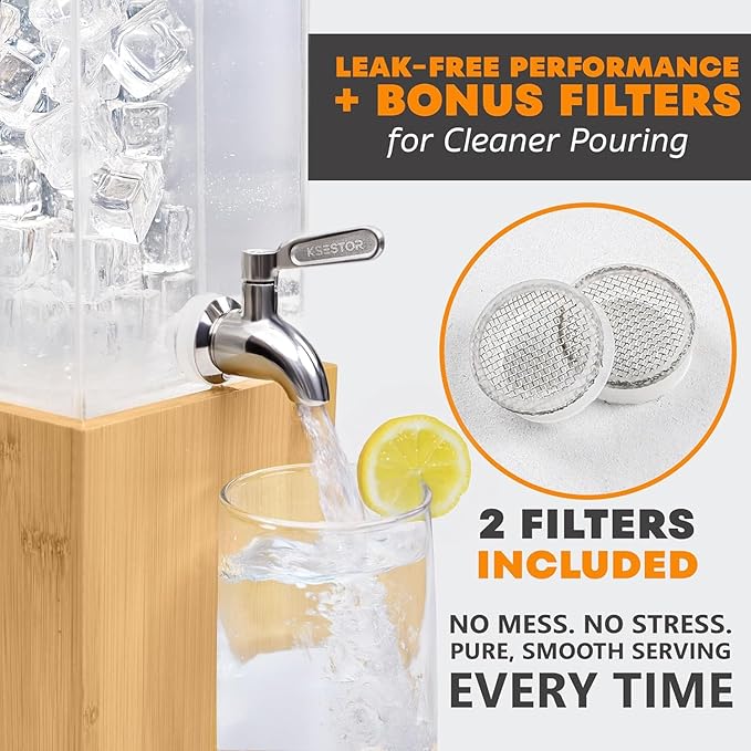 Stainless Steel Spigot for Beverage Dispenser – Leak-Proof Replacement Spigot with 2 Filters – Drink Dispenser Spigot Replacement