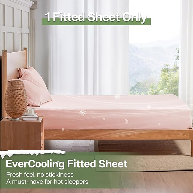 MR&HM Twin XL Fitted Sheet Only, Ultra-Soft Rayon Derived from Bamboo & Polyester Blend, Silky & Breathable, 15" Deep Pocket with Elastic Straps, Cooling Fitted Sheet for Hot Sleepers, Pink