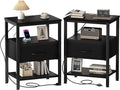 DUMOS 3-Tier Storage, Bed Side Tables with Wireless Charging Station, End Tables with Adjustable Fabric Drawers, Nightstand Set of 2, Modern Design, Black