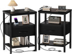 DUMOS 3-Tier Storage, Bed Side Tables with Wireless Charging Station, End Tables with Adjustable Fabric Drawers, Nightstand Set of 2, Modern Design, Black