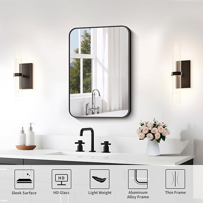 FORBATH Black Bathroom Mirror for Over Sink, Wall Mirror 16x24 Inch with Metal Frame, Rounded Corners for Bathroom, Bedroom, Entryway Décor