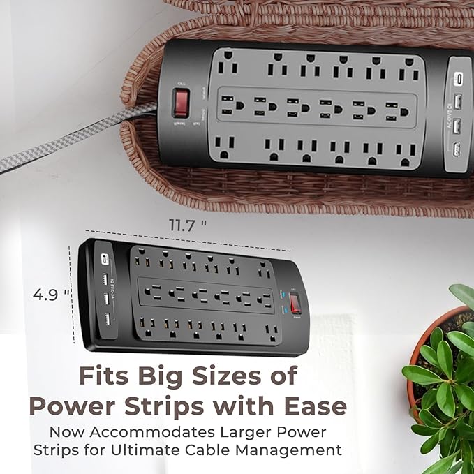 Cable Management Box, Handmade Rattan Cable Organizer, 2 Open Slots Cords Hider Box, Under Desk Cord Organizer for Computer Router USB Hub & Power Strip, Patent Pending, 15.9" x 6.5" x 6.5", Brown