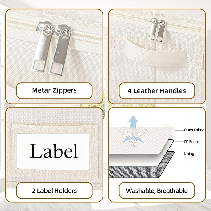 Yawinhe Underbed Bags, Storage Containers Bags with Lid, Foldable Blanket Bins, with Sturdy Zipper und Label Holders, for Clothing, 23.6''Lx11.8''Wx6''H, 1Pack,Beige，SNH002BES-1