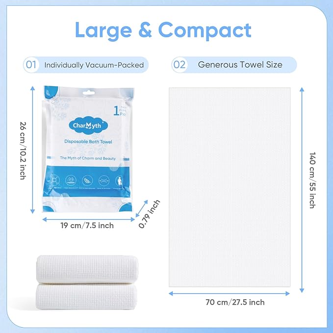 3 Pack Disposable Bath Towel 56'' x 27.5'' Disposable Body Towels for Travel, Durable Large Portable Towels for Camping Beach Swimming SPA, Individually Packed