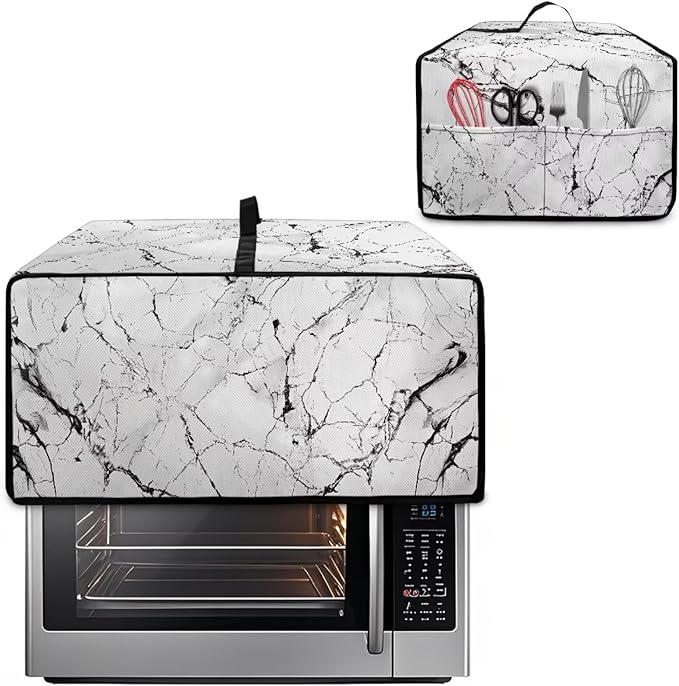 Toaster Oven Dust Cover with Pockets, Stain-resistant Kitchen Electrical Appliance Cover Countertop Ovens Decorations, S, 14.5 x 18.5 x 9 Inches, White Marble Black Crack