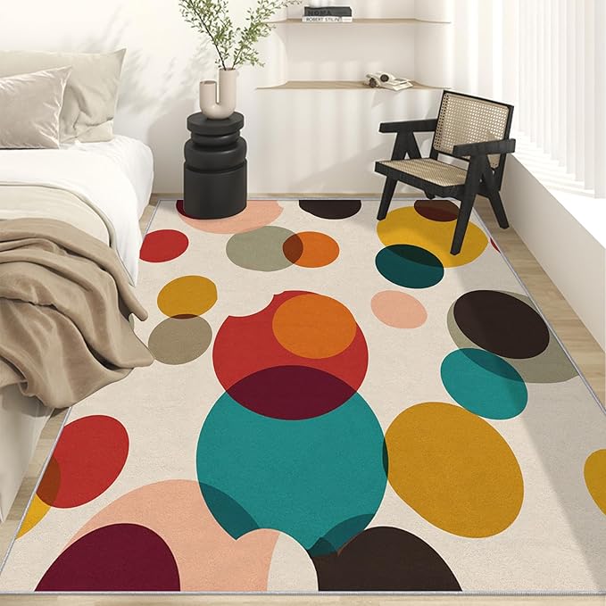 Mid Century Modern Rugs for Home Decor, 4x5 ft, Boho Geometric Circle Area Rugs for Living Room, Soft Non Slip Washable Abstract Geometry Carpet Bedroom Decorations Dt-Ghf-19