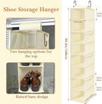 Hanging Shoe Organizer for Closet with 8 Shelves,Mesh Pockets-Wider Hanging Shelves for Shoes,Clothes,Hats With Sturdy Bamboo-Supported Design (Beige)