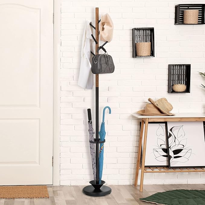 MyGift Freestanding Metal Entryway Coat Rack and Umbrella Stand with Sturdy Round Base and 6 Faux Wood Hanger Hooks