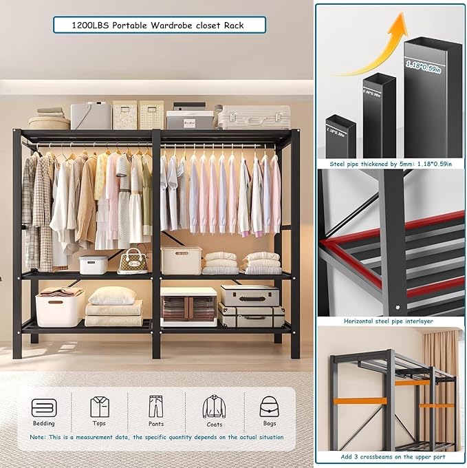 Heavy Duty Covered Clothes Rack with Magnetic Door Foldable Portable Wardrobe Closet for Hanging Clothing Rolling Black Metal Garment Rack on Wheels Closet System (White, 58.9in)