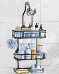 OMAIRA Shower Caddy Hanging Over the Shower Head - Rustproof Shower Organizer Hanging with Soap Scrub Holder, Non-Slip Stainless Steel Bathroom Storage Rack & Shelves, No Drilling, Black