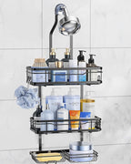OMAIRA Shower Caddy Hanging Over the Shower Head - Rustproof Shower Organizer Hanging with Soap Scrub Holder, Non-Slip Stainless Steel Bathroom Storage Rack & Shelves, No Drilling, Black