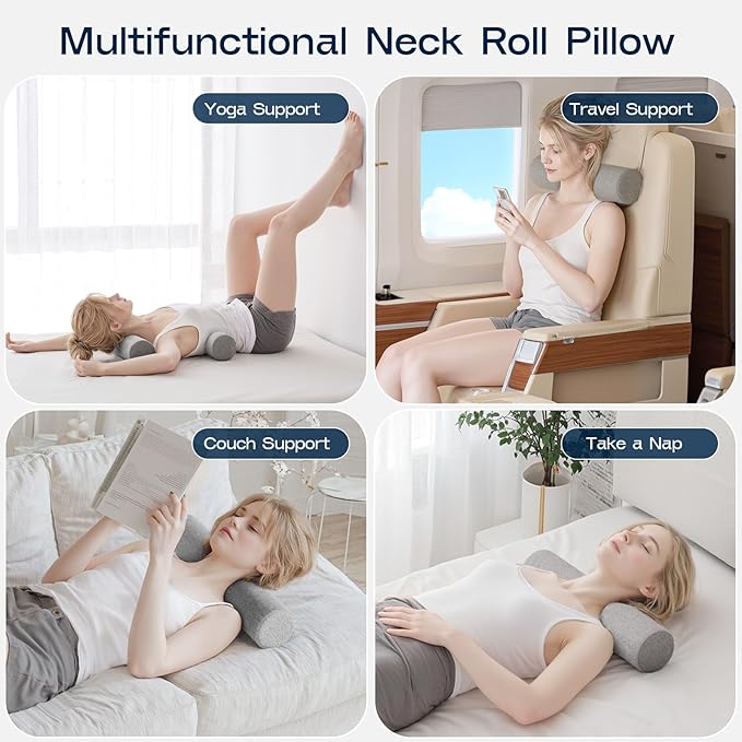 Neck Roll Pillow, Memory Foam Neck Support Pillows, Round Neck Pillows, Cylinder Bolster Pillows for Bed, Couch, and Yoga, Removable Washable Cover,18 * 4 * 4 inch (Small,Grey)
