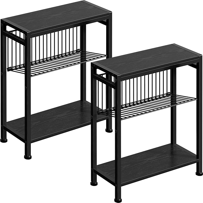 End Table Set of 2 for Small Space, 3-Tier Narrow Side Table with Magazine Holder,Slim Nightstand, Skinny Snack Couch Table in Living Room, Bedroom Study and Balcony (Black)