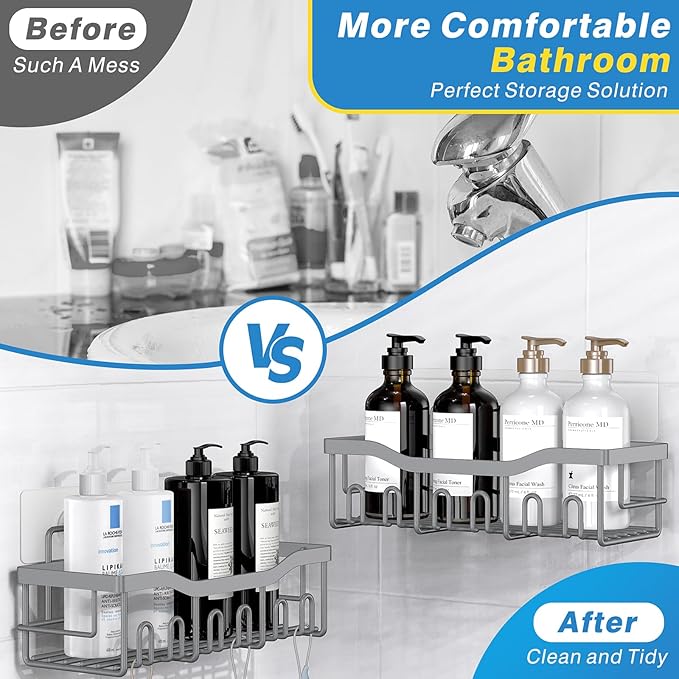 EUDELE Shower Caddy 2 Pack, Adhesive Shower Organizer for Home Decor & Kitchen Storage, No Drilling, Rustproof Stainless Steel Bathroom Shelf Organizer