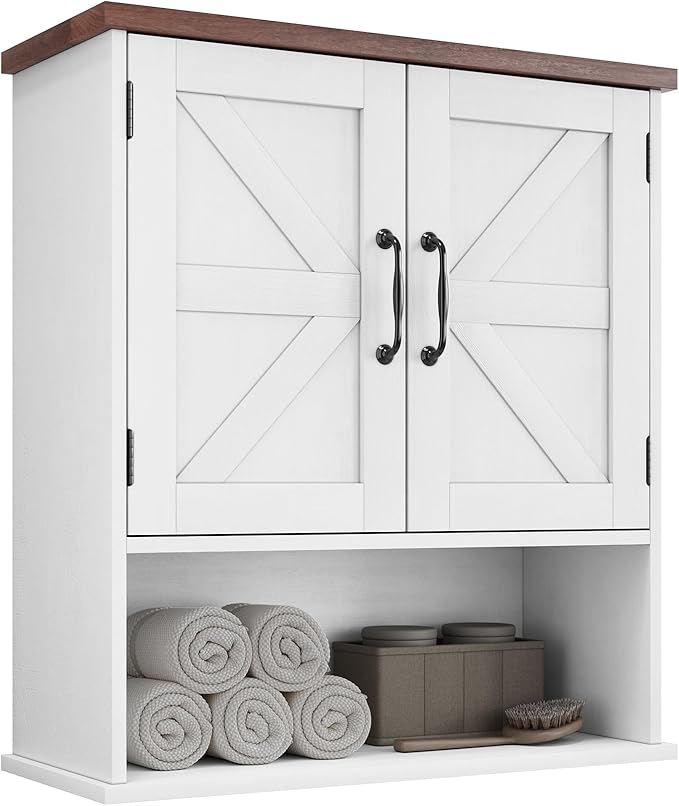 Bathroom Wall Cabinet with Barn Doors, Wall Mounted Bathroom Cabinet, Farmhouse Style, Adjustable Shelf, Wall Mounted Medicine Cabinets, White