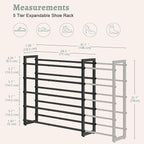 FAVOOSTY 5-Tier Expandable Shoe Rack, Adjustable Shoe Shelf Storage Organizer Space Saving Metal Free Standing Shoe Rack for Entryway Closet Doorway, Silver Grey (Black, 5 Tier)