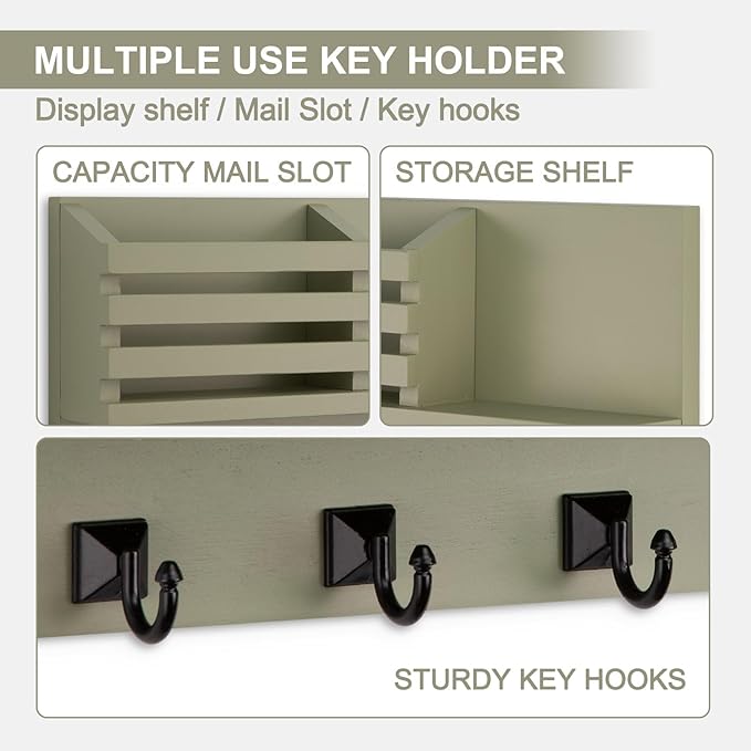 Key Holder Wall Mount, Mail Organizer for Wall with 5 Square Rustic Key Hooks Key Shelf Farmhouse Home Decor for Entryway